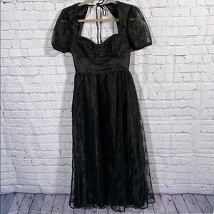 Lulus Black Floral Lace Puff Sleeve Bustier Babydoll Midi Dress Whimsigoth Sz XS